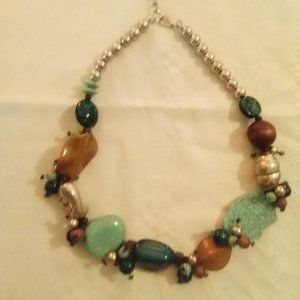 Silvertone and Natural Blue Stone Statement Pendant Necklace
